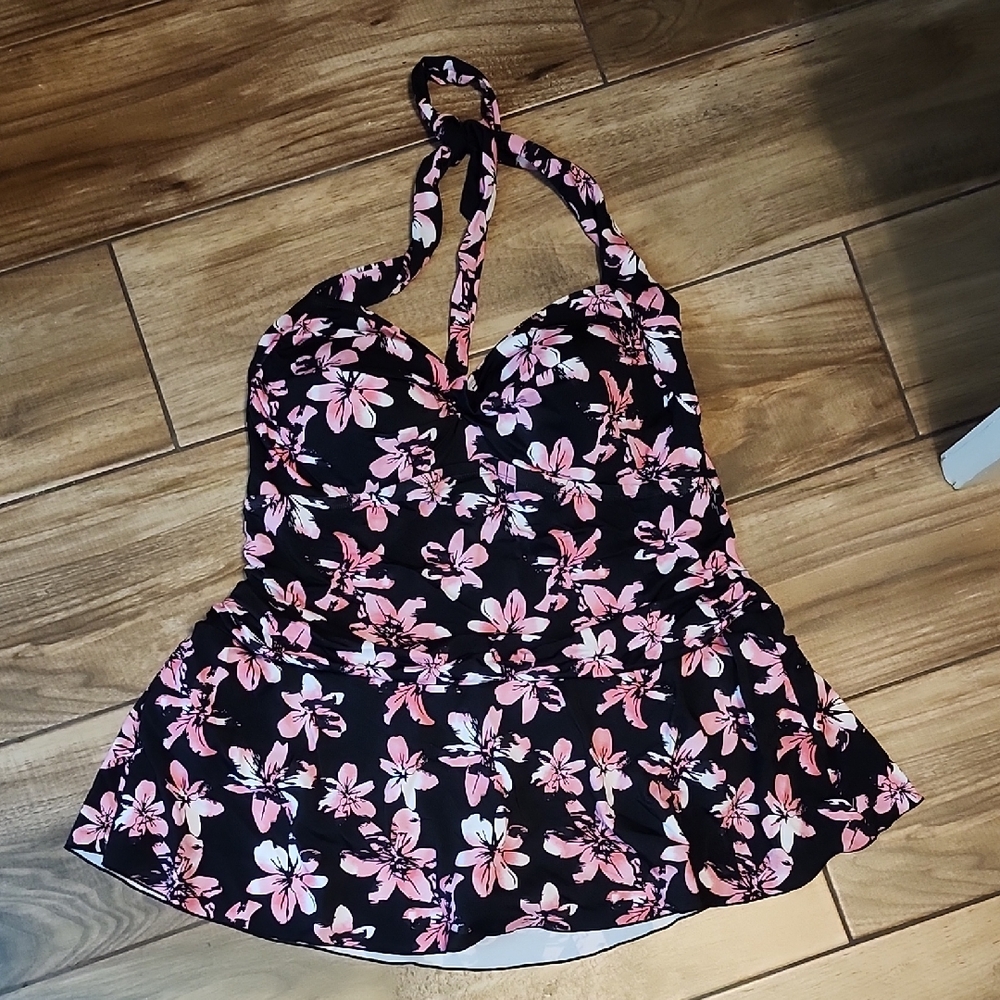 Swimsuits For All Black and Pink Floral One Piece